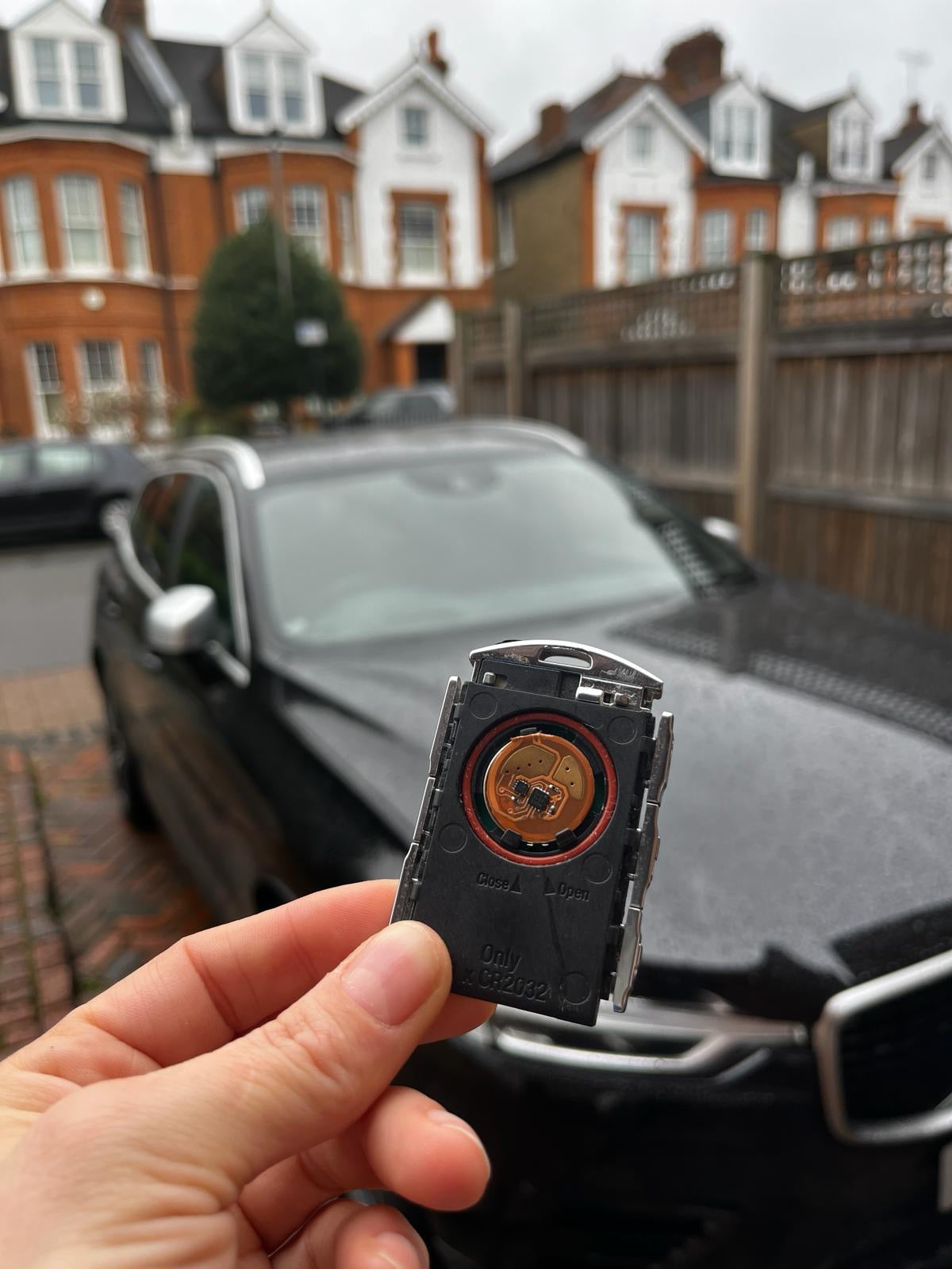 Volvo car key with KEYSHIELD anti-theft security sleeve installed to prevent stolen car