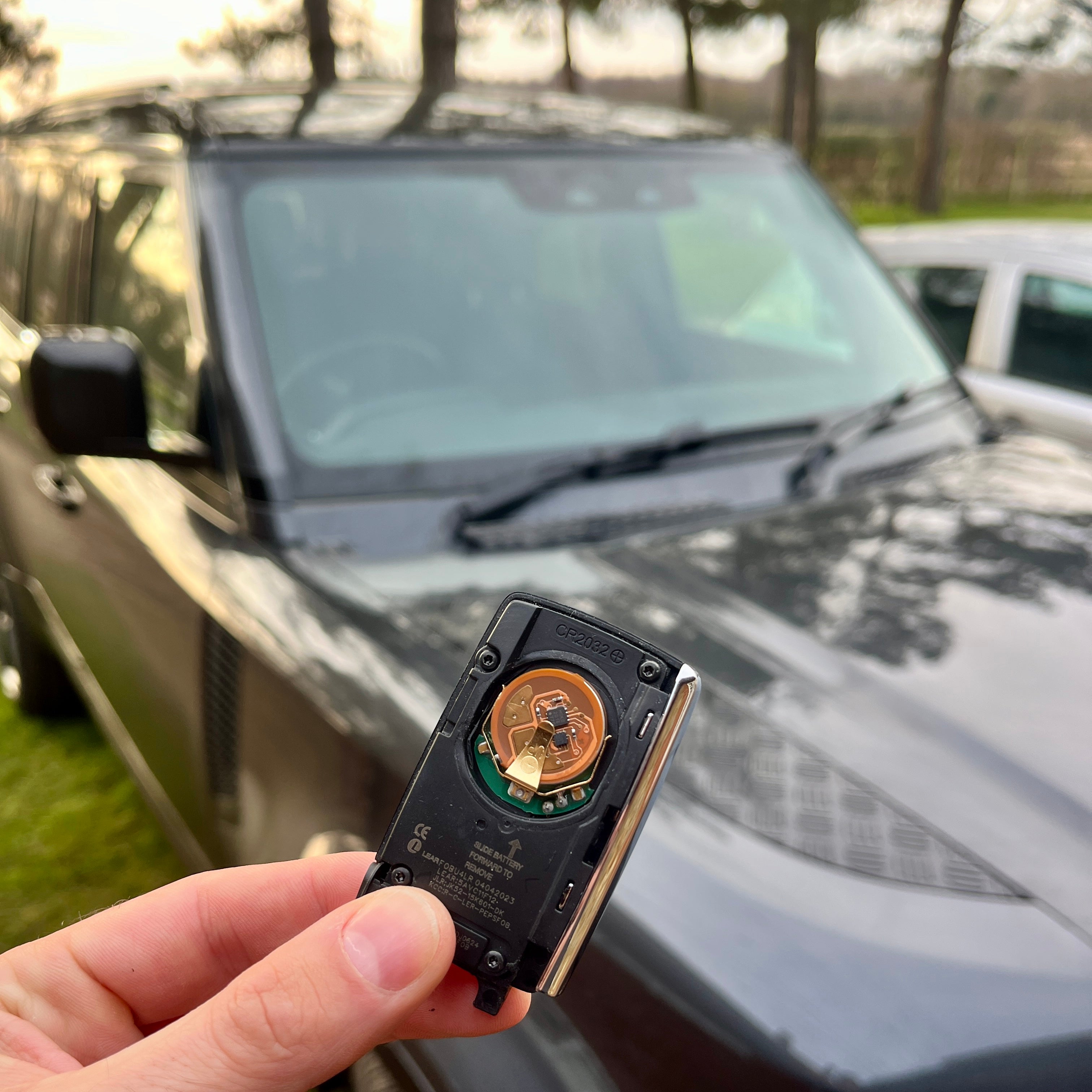 Land Rover Defender car key with KEYSHIELD anti-theft security sleeve installed to prevent stolen car